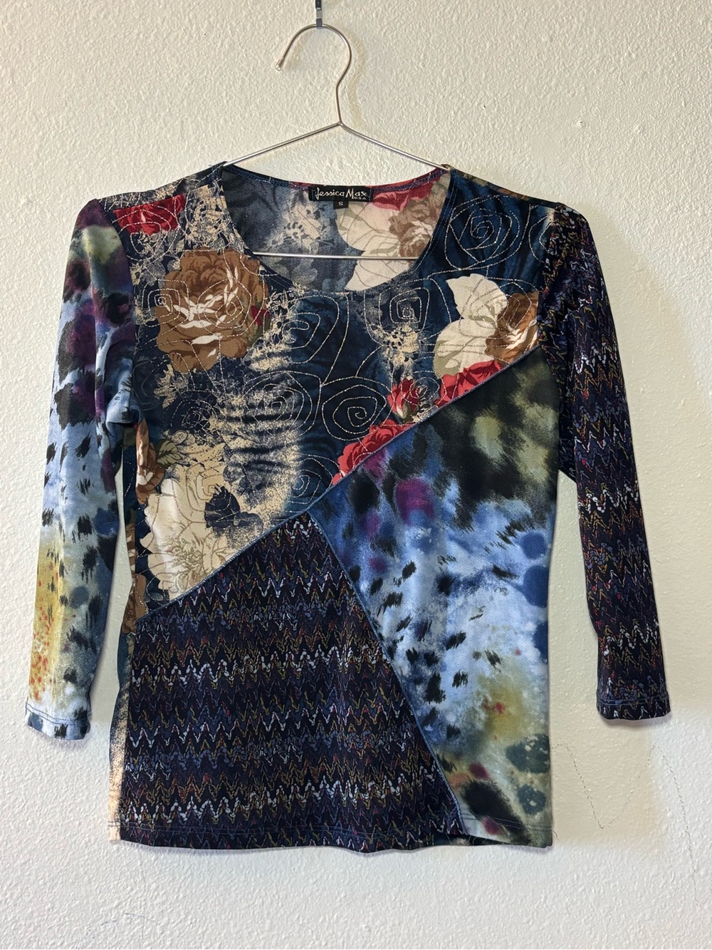 Jessica Max Multicolor Patchwork 3/4 Sleeve Top